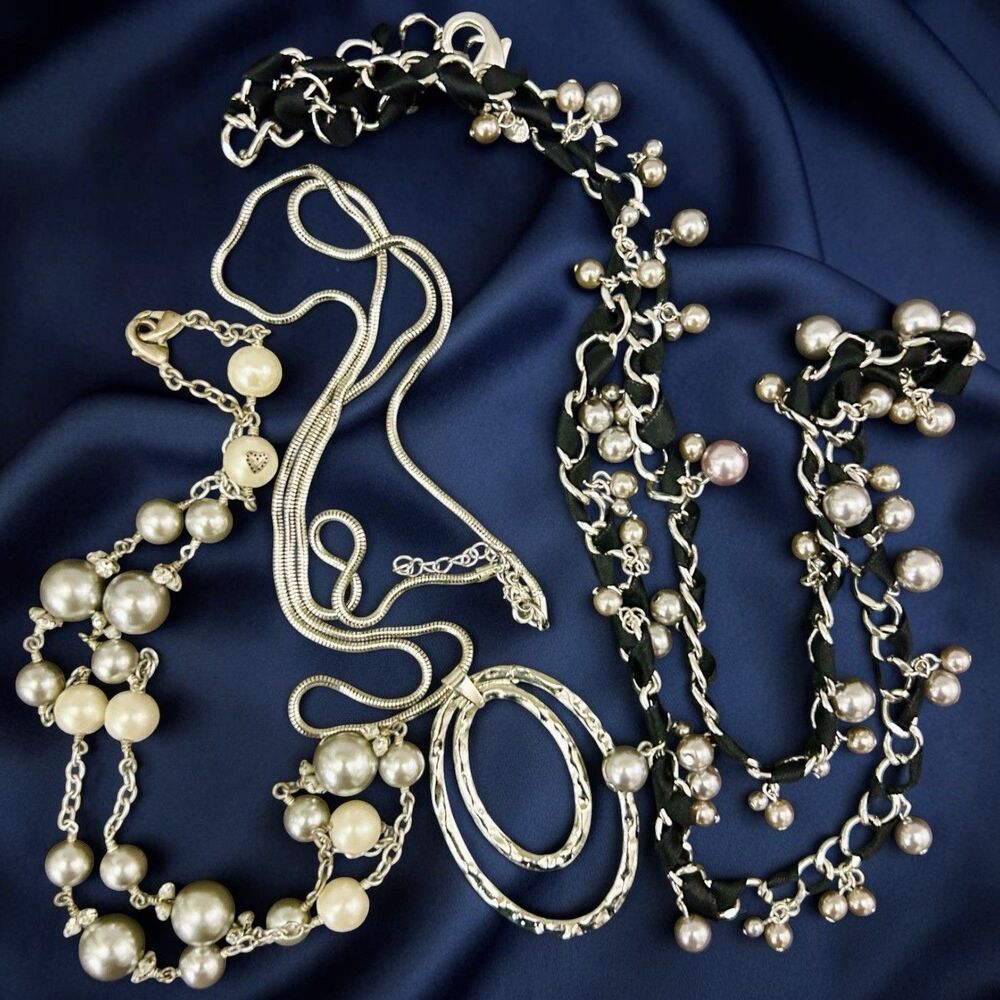 Vintage Necklace Lot 3 Silver Tone Opera Statement Ribbon Faux Pearl Pendant Y2K
